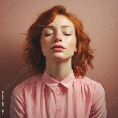 a woman with red hair and closed eyes