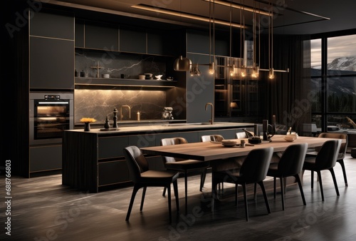 a kitchen with black cabinets and chairs,