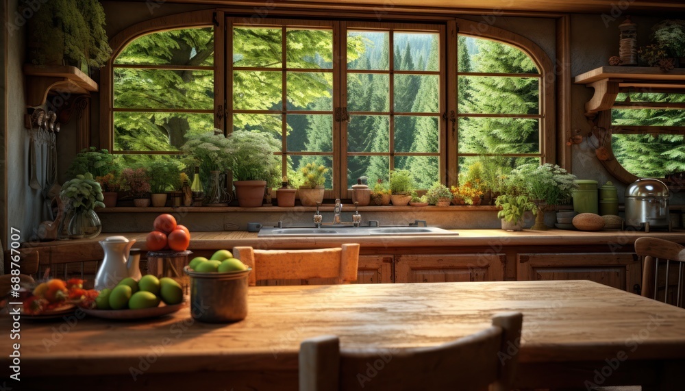 a large kitchen with a wood table in front of a view