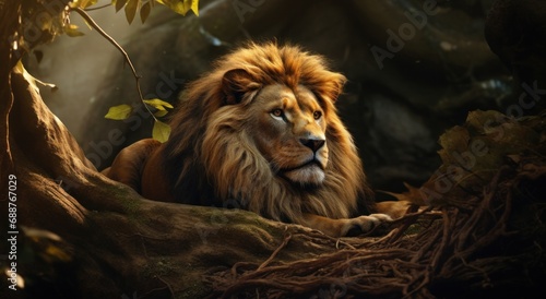 a lion is laying in a forest of trees and rocks 