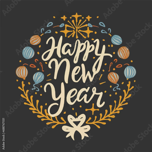 ector happy new year lettering. handwritten inscription with swirls