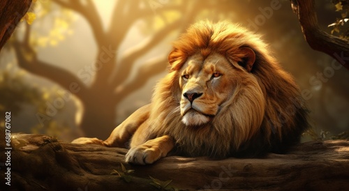 a lion is laying in a forest of trees and rocks,