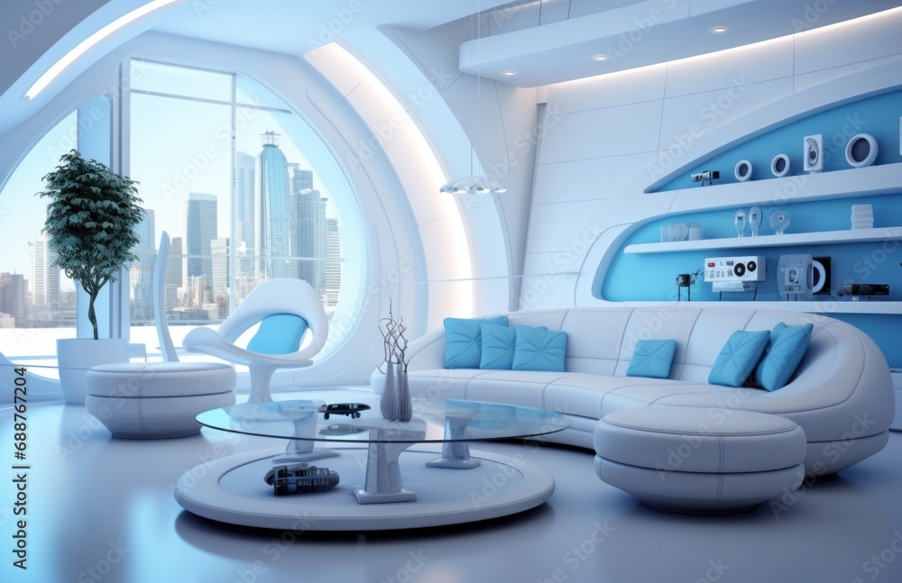 a living room with white furniture and blue accents