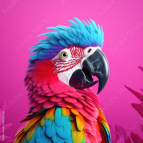 a parrot with blue and pink feathers on colorful pink background 