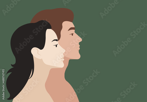 Young man and woman beside each other. Side view head and shoulder silhouettes. Brave and self confident European people. Profile portrait. Horizontal composition with a place for your text.