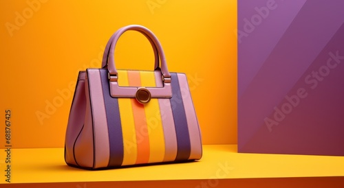 a purple and yellow handbag is sitting next to a yellow background,
