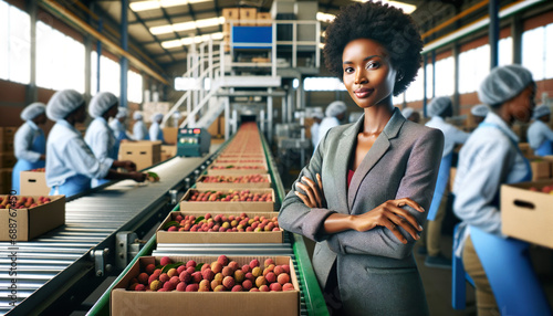 A proud African business woman stands in front of her business venture a Litchi fruit processing plant.