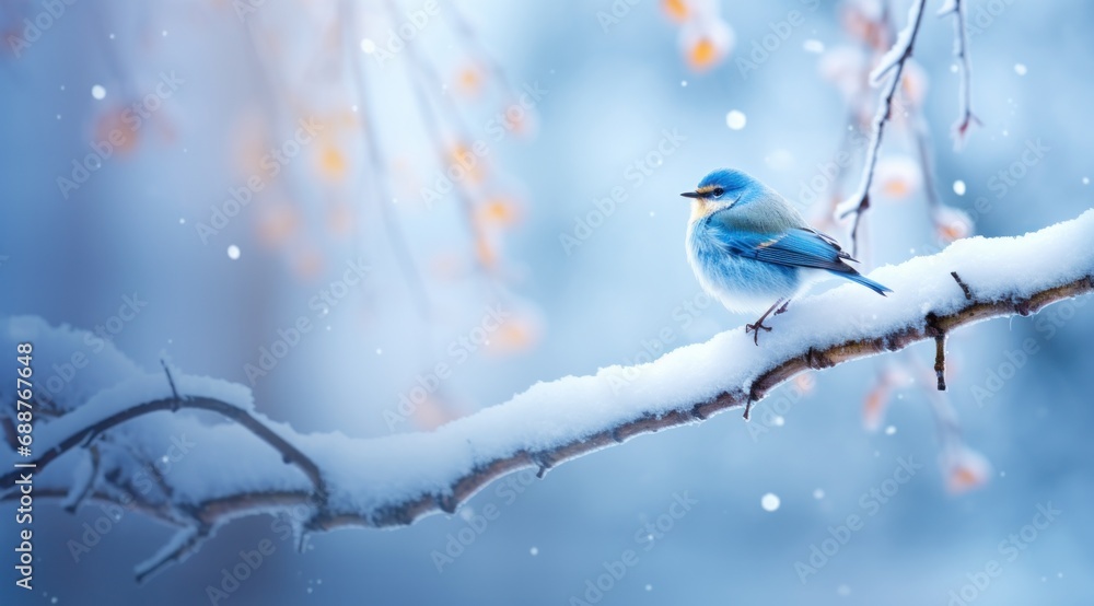 a small blue bird standing on the branch in a snowy snowy scene, a small blue bird standing on the branch in a snowy snowy scene,