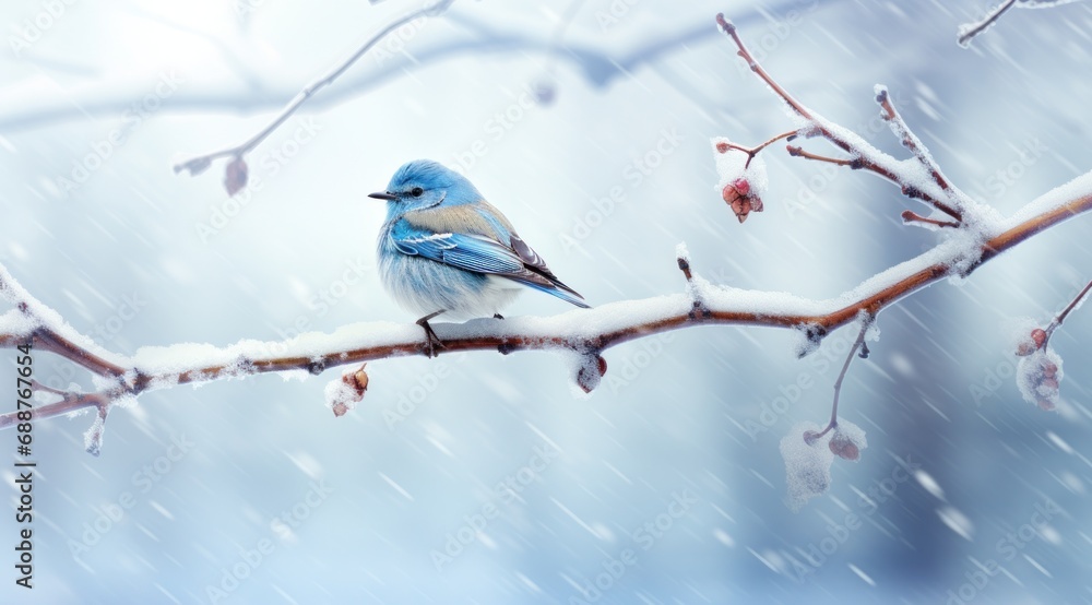 a small blue bird standing on the branch in a snowy snowy scene, a small blue bird standing on the branch in a snowy snowy scene,