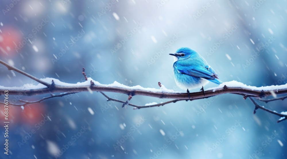 a small blue bird standing on the branch in a snowy snowy scene, a small blue bird standing on the branch in a snowy snowy scene,