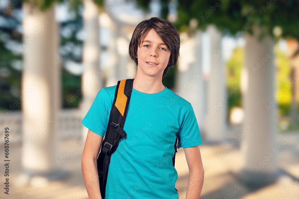 Portrait of a small schoolboy with a backpack