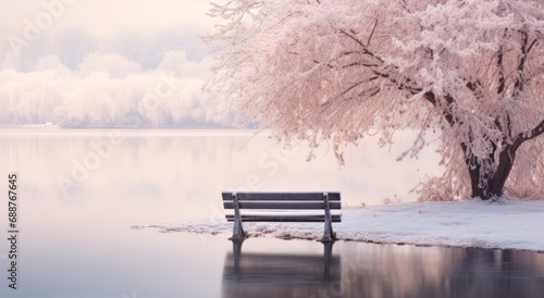 a small bench surrounded by snow near a frozen lake,