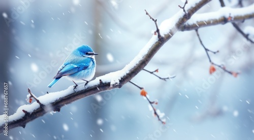 a small blue bird standing on the branch in a snowy snowy scene, © ArtCookStudio