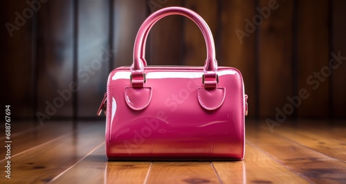 a small pink leather bag sitting on top of a wooden floor,