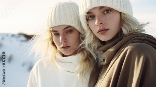 Photo of young blonde Scandinavian women on a snowy day