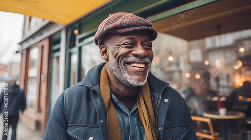a prosperous 62 year old black man filled with joy in Stylish casual attire photo