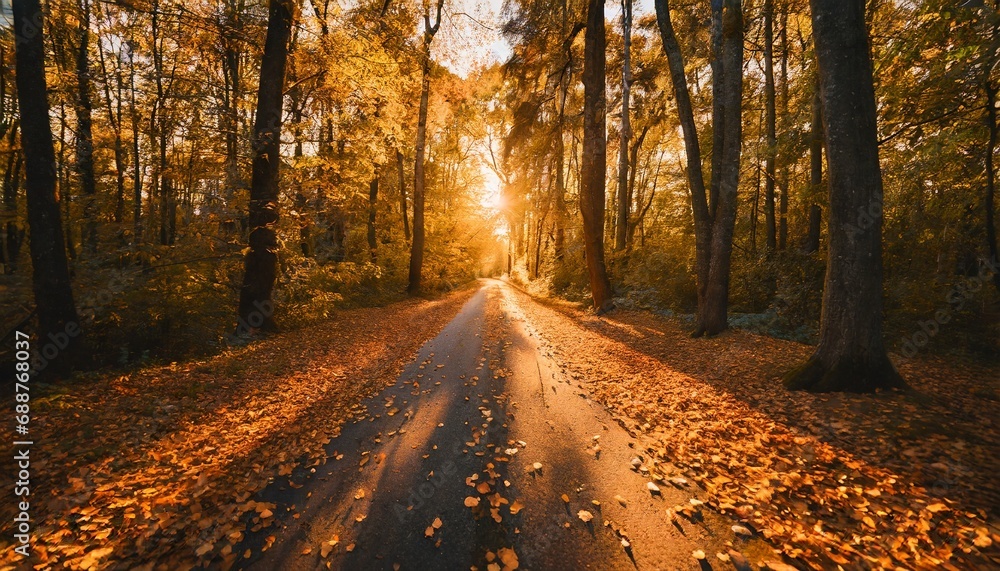 Sunlit Road Covered in Autumn Leaves