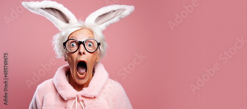 Surprised Mature Woman Wearing a Bunny Suit on a Pink Background
