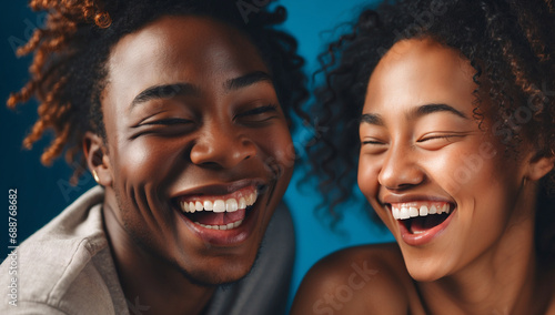 Two interracial best friends laughing and having a good time together in a studio