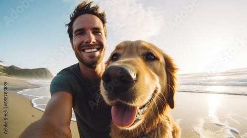 young man spending time with his dog on the beach photo