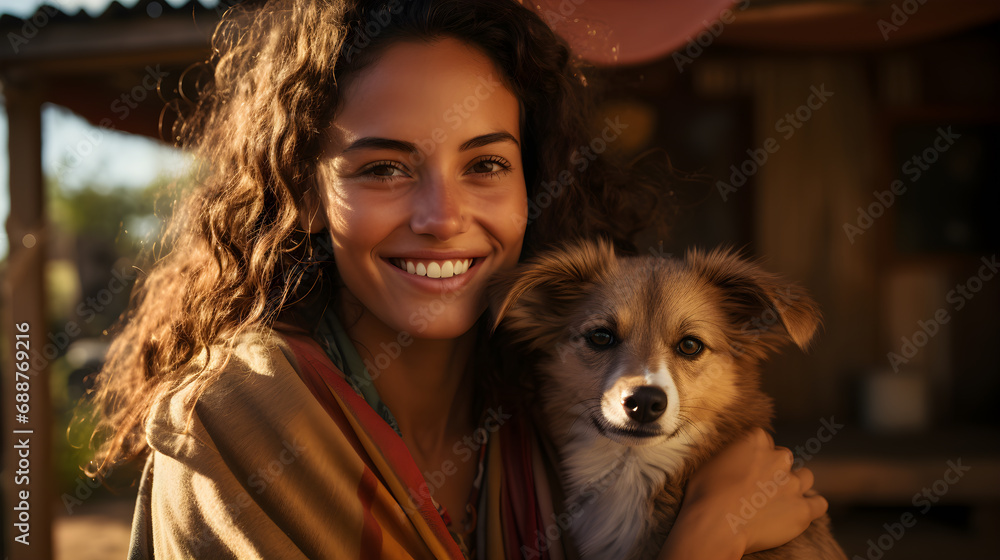 Mujer latina abrazando a su mascota con mucho amor Mujer latina abrazando a su mascota con mucho amor