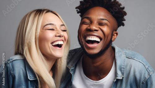 Two interracial best friends laughing and having a good time together in a studio © LisyLo