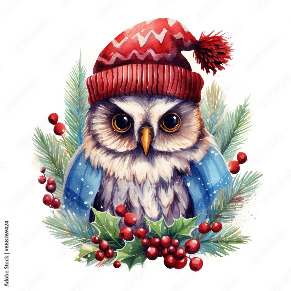 Generative AI, cute wild owl bird, Christmas hat and ugly sweaters, watercolor style. Generative AI, cute wild owl bird, Christmas hat and ugly sweaters, watercolor style.