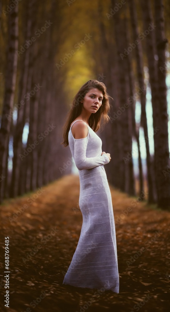 jeune femme portant une robe longue blanche se trouvant un chemin forestier en automne jeune femme portant une robe longue blanche se trouvant un chemin forestier en automne