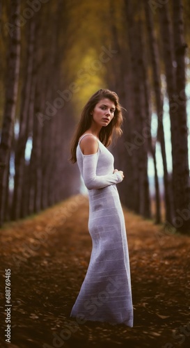 jeune femme portant une robe longue blanche se trouvant un chemin forestier en automne