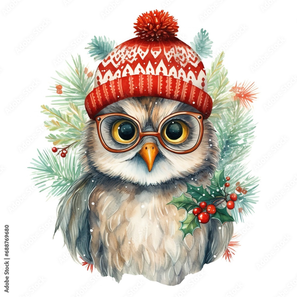 Generative AI, cute wild owl bird, Christmas hat and ugly sweaters, watercolor style. Generative AI, cute wild owl bird, Christmas hat and ugly sweaters, watercolor style.