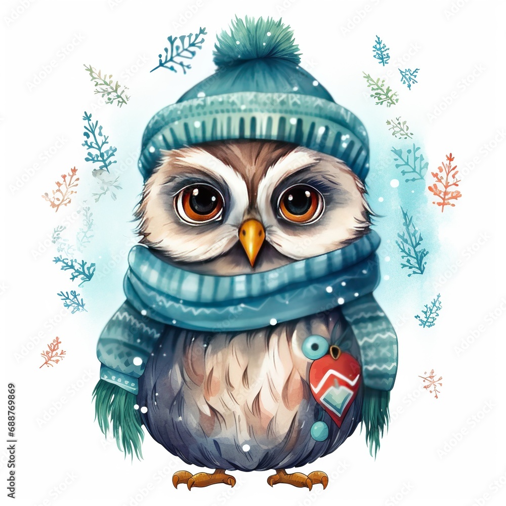 Generative AI, cute wild owl bird, Christmas hat and ugly sweaters, watercolor style.