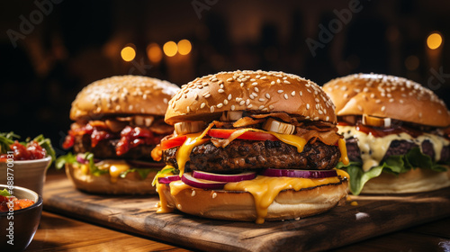 gourmet burgers with grilled beef, cheese, fresh ingredients, soft studio light. ai generated. photo