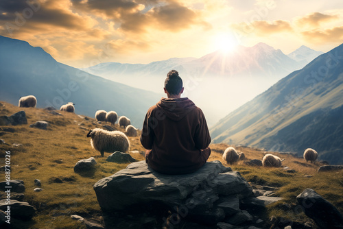 Generative AI image of person meditating among sheep at sunrise photo