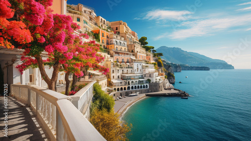 Amalfi Coast with colorful houses and blue sea. ai generated. photo