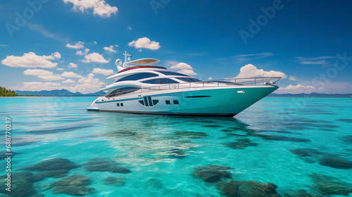 luxury yacht sailing on a turquoise ocean under a bright blue sky. ai generated. © 1st footage