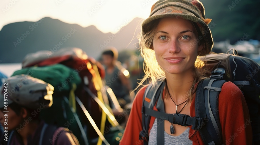 Naklejka premium Adventurous traveler woman with backpack