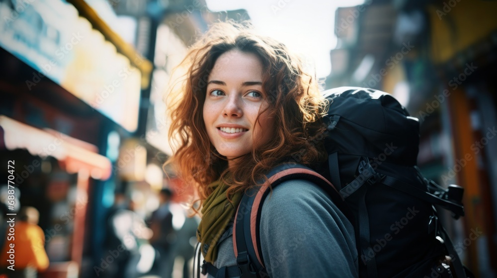 Adventurous traveler woman with backpack Adventurous traveler woman with backpack