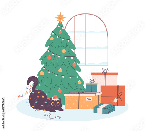 Cute cat in Santa hat playing with garland near Christmas tree with presents. Merry Christmas greeting card. Vector illustration in flat style 