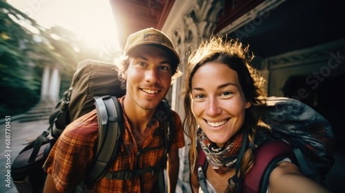 Adventurous traveler couple with backpacks
