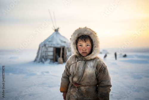 Generative AI image of serious little boy wearing a fur-trimmed parka looking at camera while standing outdoors against a chum photo