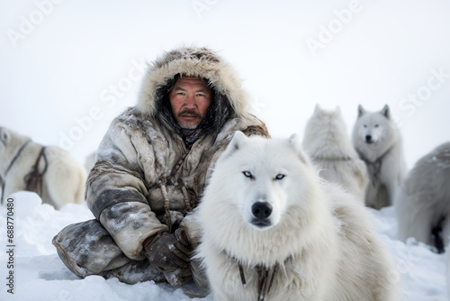 Generative AI image of a member of an Eskimo tribe looking at camera while resting on snowy landscape with a team of huskies photo