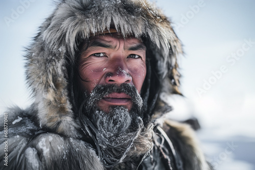 Generative AI image of a stoic Eskimo man clad in fur, with frost on his beard, looking at camera while standing against a snowy backdrop photo