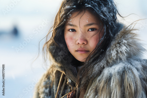 Generative AI image of a young Inuit girl with snow in her hair, dressed in traditional fur clothing looking at camera while standing against a snowy backdrop