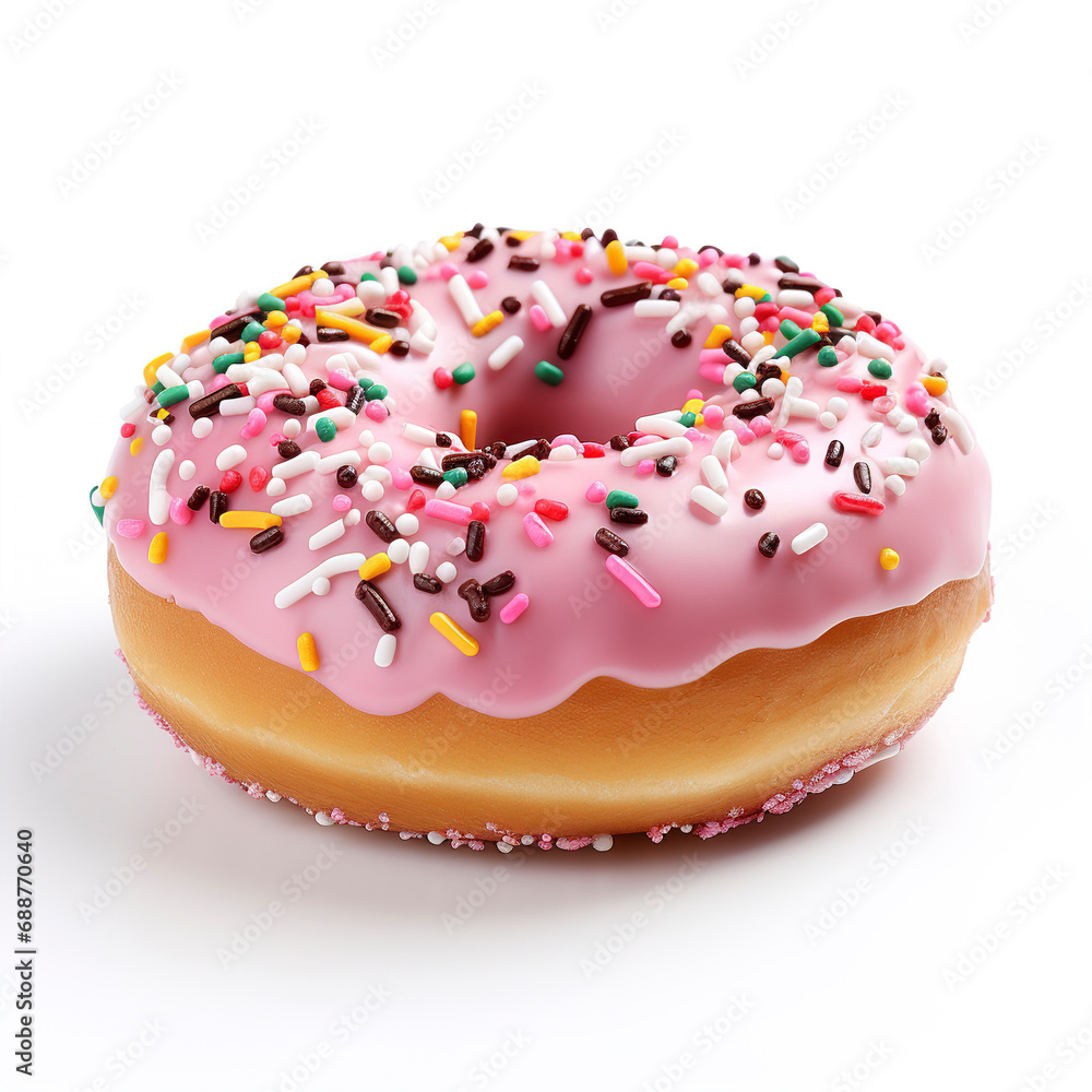 Sweet pink donut with colorful sprinkles on white background. Sweet food concept with one round chocolate donut cake. Freshly baked donut isolated on white background. Sweet pink donut with colorful sprinkles on white background. Sweet food concept with one round chocolate donut cake. Freshly baked donut isolated on white background.