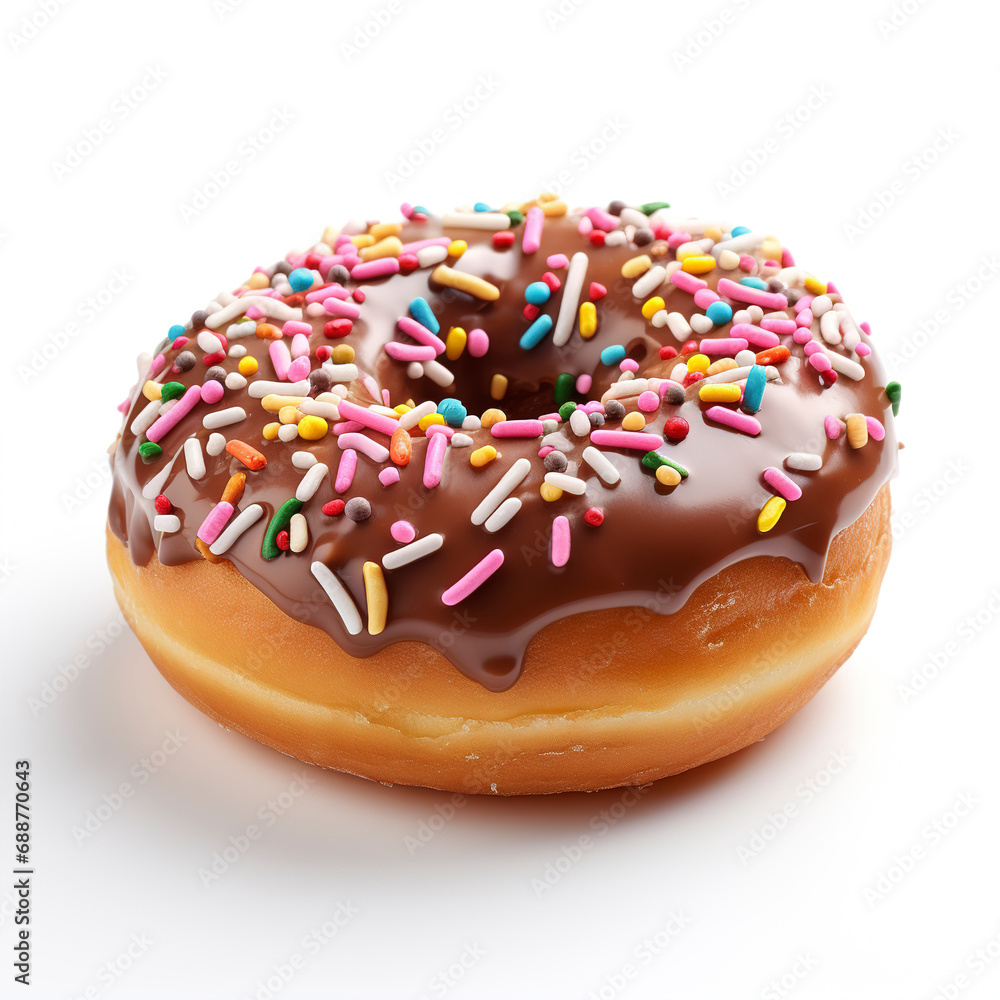 Sweet chocolate donut with colorful sprinkles on white background. Sweet food concept with one round chocolate donut cake. Freshly baked donut isolated on white background. Sweet chocolate donut with colorful sprinkles on white background. Sweet food concept with one round chocolate donut cake. Freshly baked donut isolated on white background.