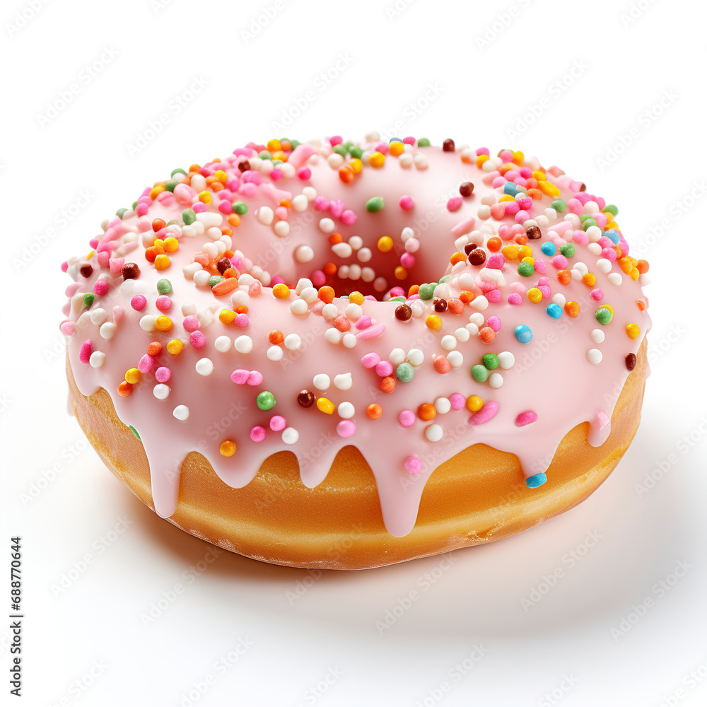 Sweet pink donut with colorful sprinkles on white background. Sweet food concept with one round chocolate donut cake. Freshly baked donut isolated on white background. Sweet pink donut with colorful sprinkles on white background. Sweet food concept with one round chocolate donut cake. Freshly baked donut isolated on white background.