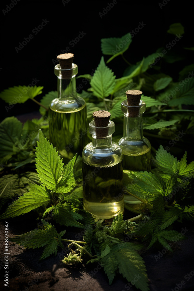 bottle, jar with nettle essential oil extract
