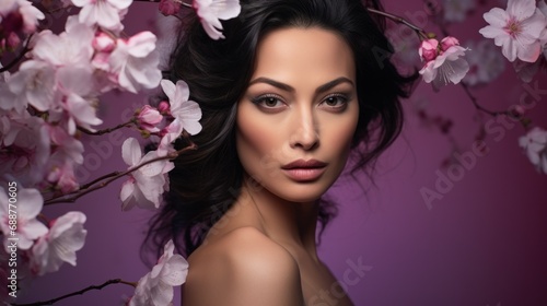 Photo of a woman with natural make-up, composed of flowers with a purple color theme