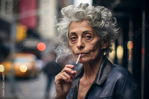 Elderly Woman Smoking in the City at Dusk photo