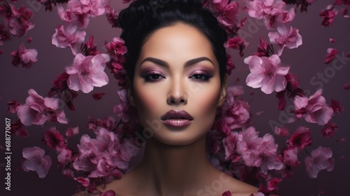 Photo of a woman with natural make-up, composed of flowers with a purple color theme